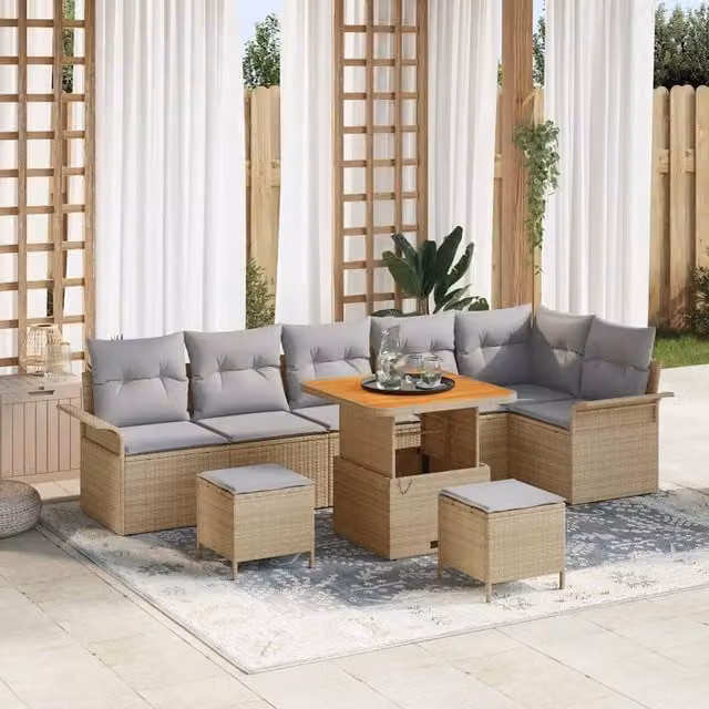 Set Divano da Giardino con cuscino 9 pcs Beige e Grigio Chiaro