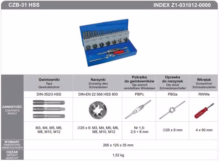 Maschi Fanar + matrici per filettatura Set di 31 elementi. M3-M12 Czb-31 Hss