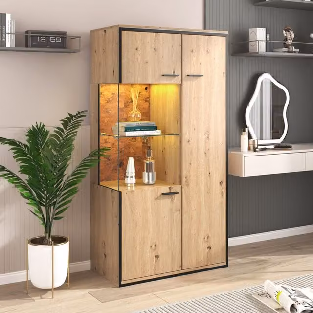 Vetrina Moderna Aosom con Ante in Vetro, Illuminazione Integrata e Mensole Interne, Colore Marrone e Beige, H: 150 cm, L: 78 cm, P: 40 cm – 1
