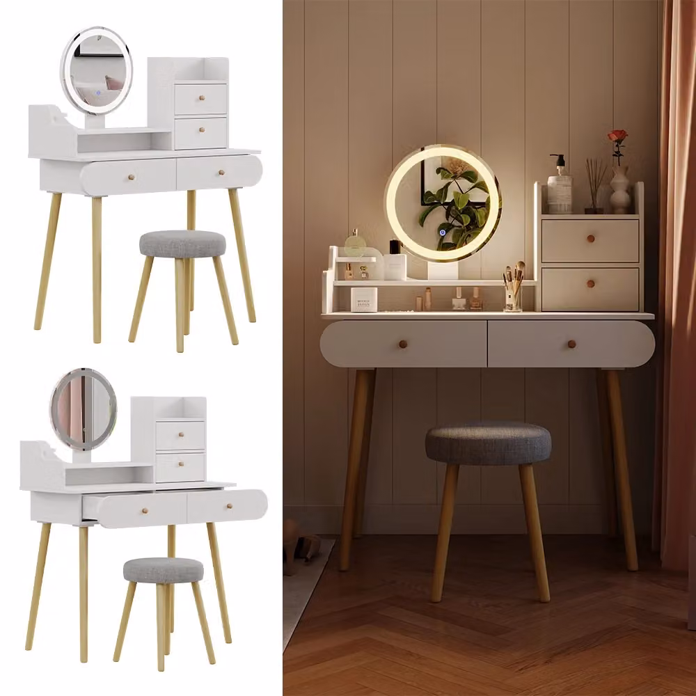 Tavolo da toeletta Edda Vicco Bianco con specchio LED e sgabello L: 100 cm, P: 40 cm, H: 130 cm – 2