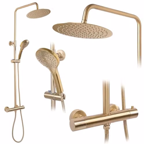 Rea Colonna doccia con termostato VINCENT Gold Brush Ottone Sistema Doccia per Bagno (Oro)