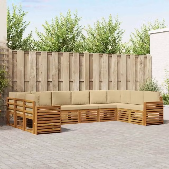 Set di divani da esterno a L vidaXL in legno di acacia con cuscini beige e sabbia