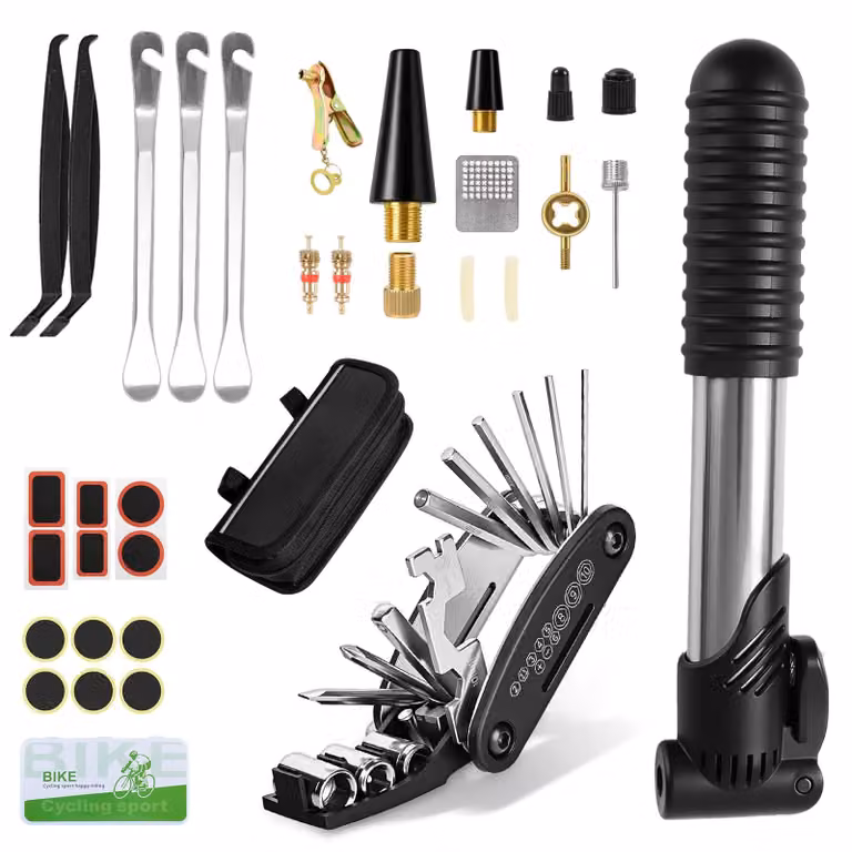 Kit di riparazione per biciclette, composto da 34 pezzi, set di attrezzi multifunzione (16 in 1), mini pompa, copertina impermeabile, per biciclette