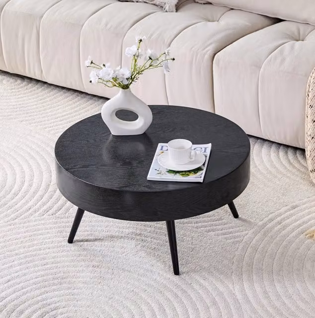 Tavolino da salotto rotondo ULEVR ?70 cm, piano in MDF effetto legno nero e gambe in metallo nere