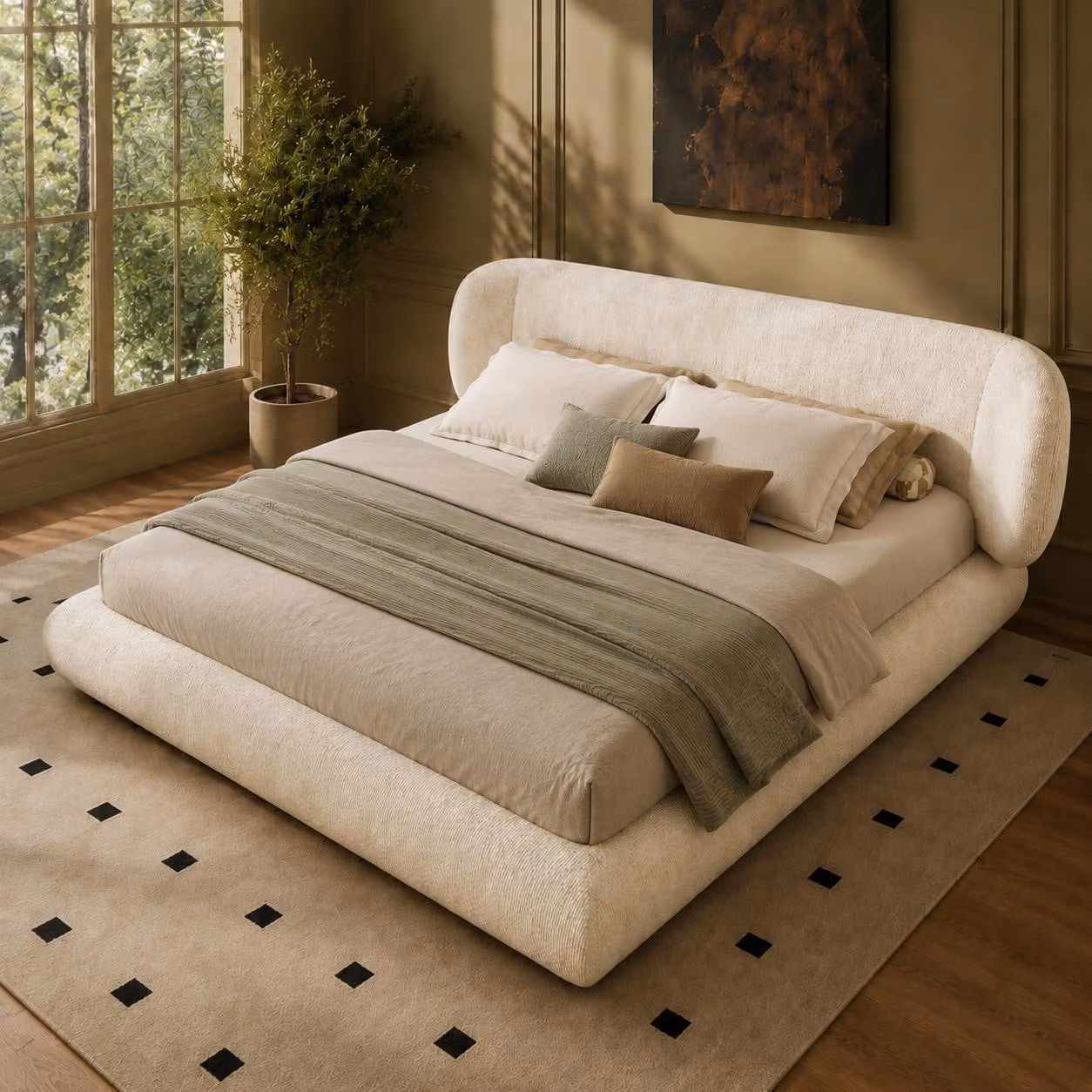 Letto matrimoniale MODFU 140x200, imbottito con rivestimento in velluto, struttura per letto a una piazza con testiera imbottita e rete a doghe, senza materasso, color beige