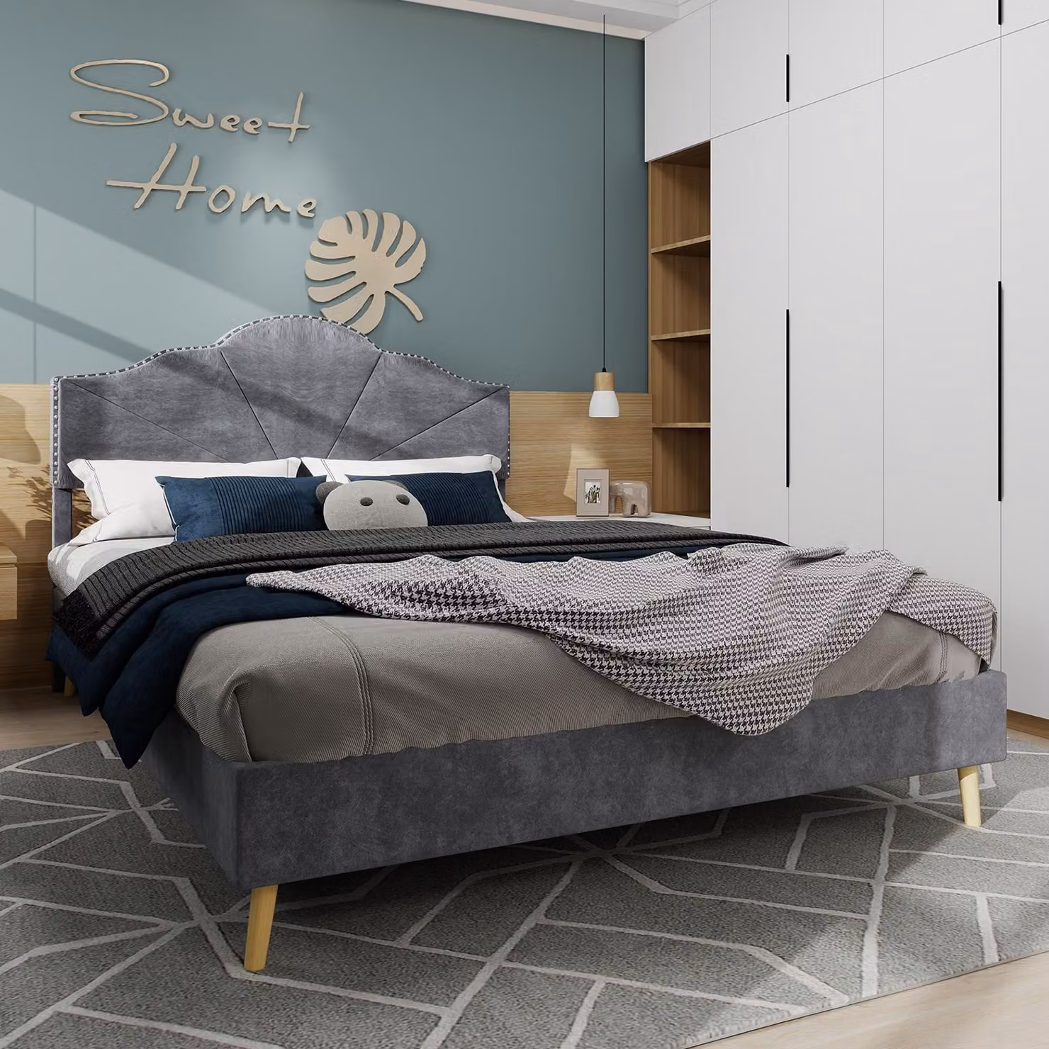 Sweiko Letto moderno minimalista morbido, testata confortevole e morbida, 160x200CM, grigio, mobili multifunzionali per la camera da letto, struttura del letto a contenitore basso non include asta a gas, non include materasso.