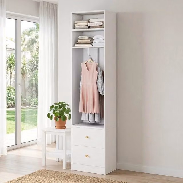 Armadio stretto con 2 cassetti, 2 ripiani e barra appendiabiti per camera, in MDF e acciaio, bianco, 50×30×200 cm