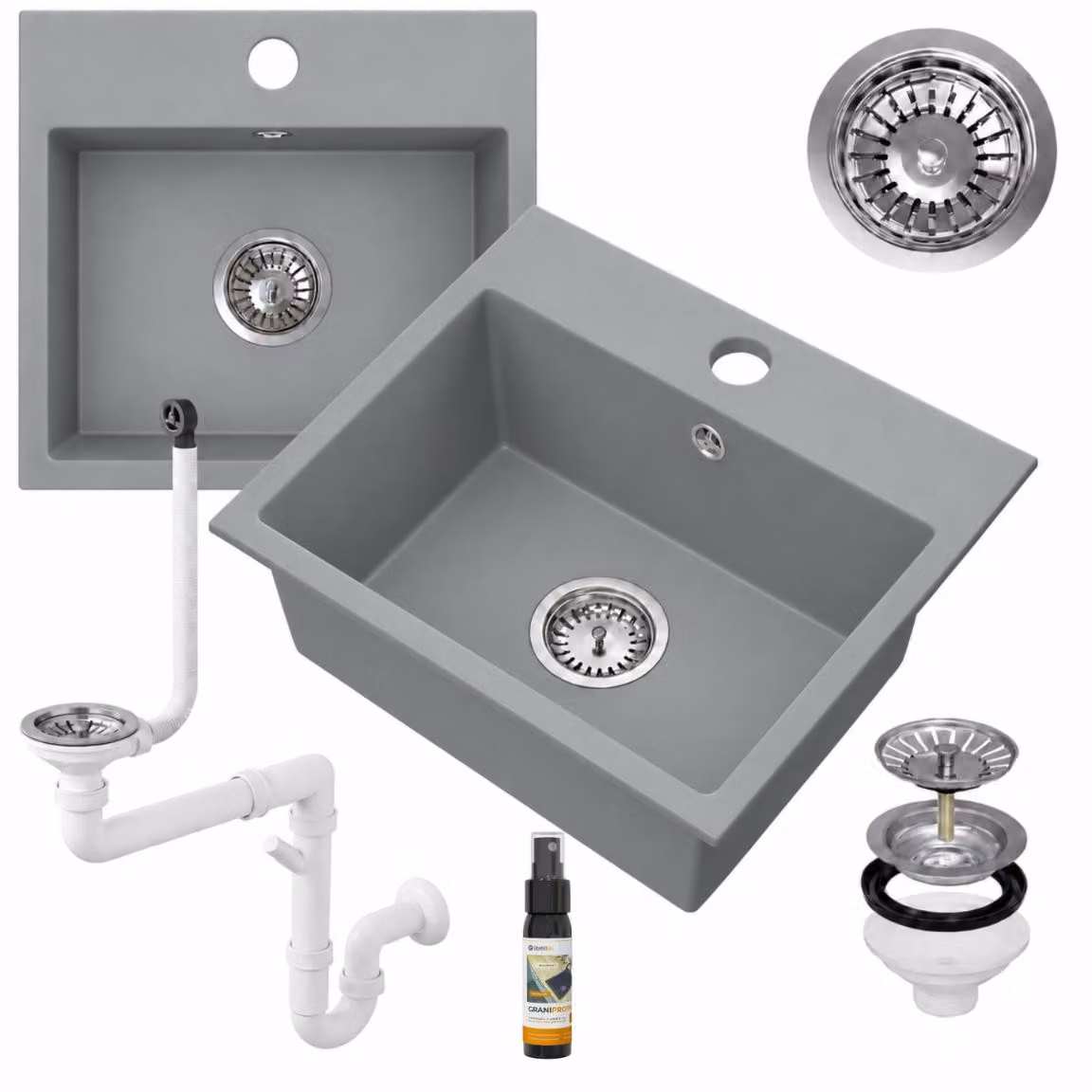 Granitan - Lavello in granito - Lavandino 45x42 cm - Lavello cucina grigio - con miscelatore - MILOS