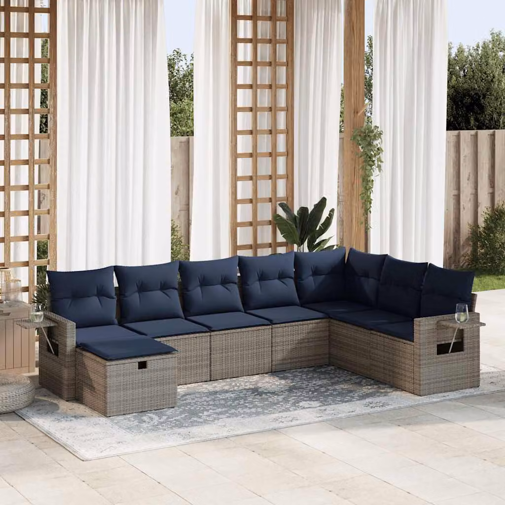 Set Divano da Giardino a L vidaXL 8 pz in Polyrattan con Cuscini Grigio e Blu