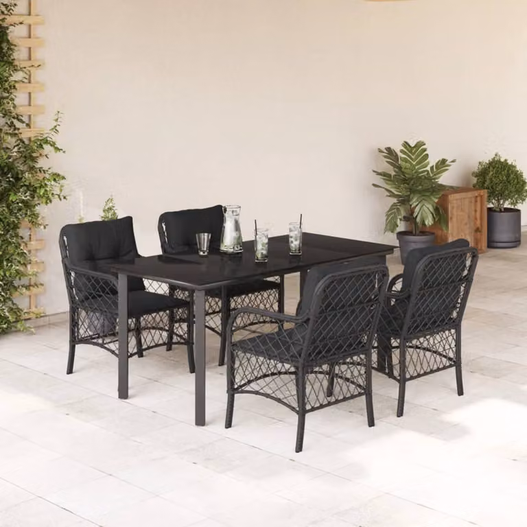 Set da Pranzo da Giardino vidaXL 5 pz in Polyrattan Nero con Piano in Vetro
