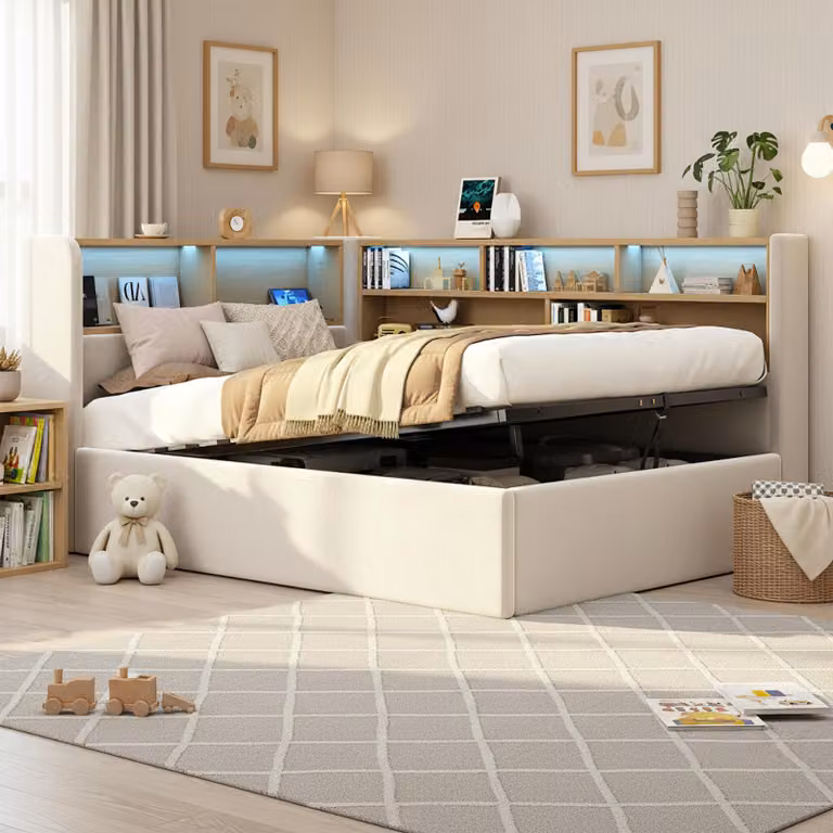 Divano letto STILVORA 90×200 cm con materasso, struttura con vano contenitore idraulico, illuminazione a LED e porta USB Type-C, divano letto imbottito con struttura e schienale integrati, divano letto in velluto beige