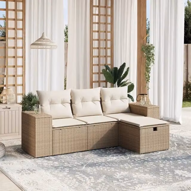 Set Divano da Giardino 4 pz con Cuscini-Sofa da Giardino-Divanetto da esterno Beige in Polyrattan 142458