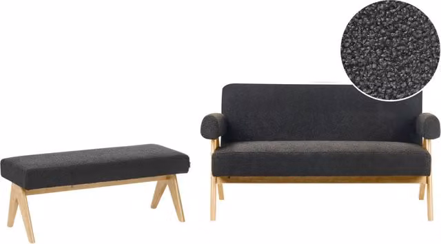 Set di divani Beliani a 2 posti con rivestimento in tessuto bouclé e gambe in legno, nero e marrone chiaro, design retro per soggiorno
