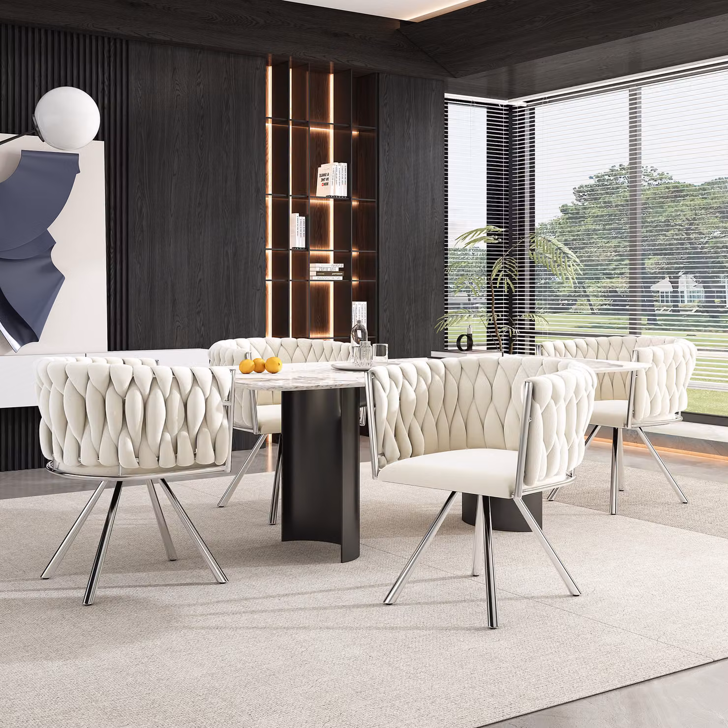 okwish Sedia da pranzo in velluto, girevole, set di 4 pezzi, singola, color crema, elegante sedia girevole per il soggiorno, con 4 gambe in metallo, beige e argento