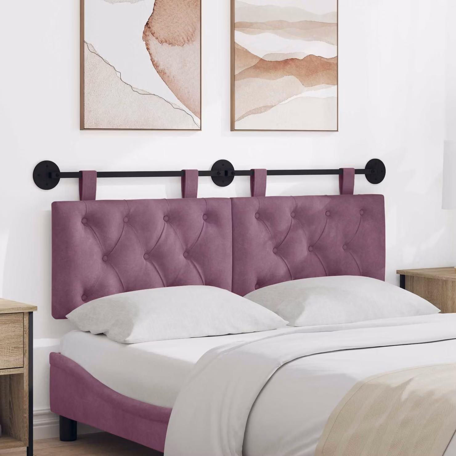Testiera per letto sospesa vidaXL in velluto viola con illuminazione integrata L: 130 cm, H: 55 cm, P: 7 cm