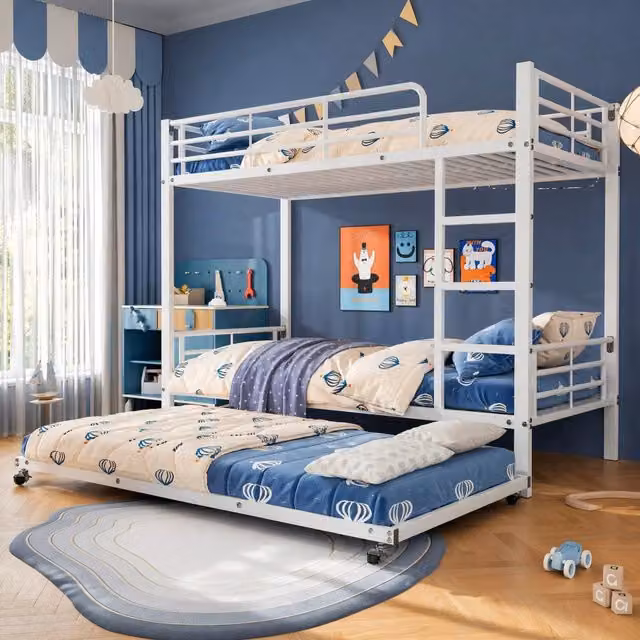 Letto a castello in metallo bianco con letto estraibile e 4 sponde, L/P: 90 x 200 cm