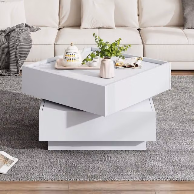 Tavolino basso con piano girevole a 360° e 2 cassetti per soggiorno, in pannello truciolare bianco, 60 × 60 × 38 cm