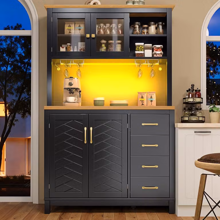 Armadio alto da cucina con illuminazione a LED e piano di lavoro, mobile contenitore con cassetti, dimensioni 140x40x185,7 cm, colore nero