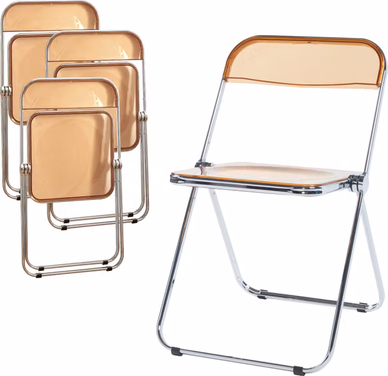 Sedia pieghevole 'Pornainen', set di 4 sedie con struttura in acciaio arancione, trasparente