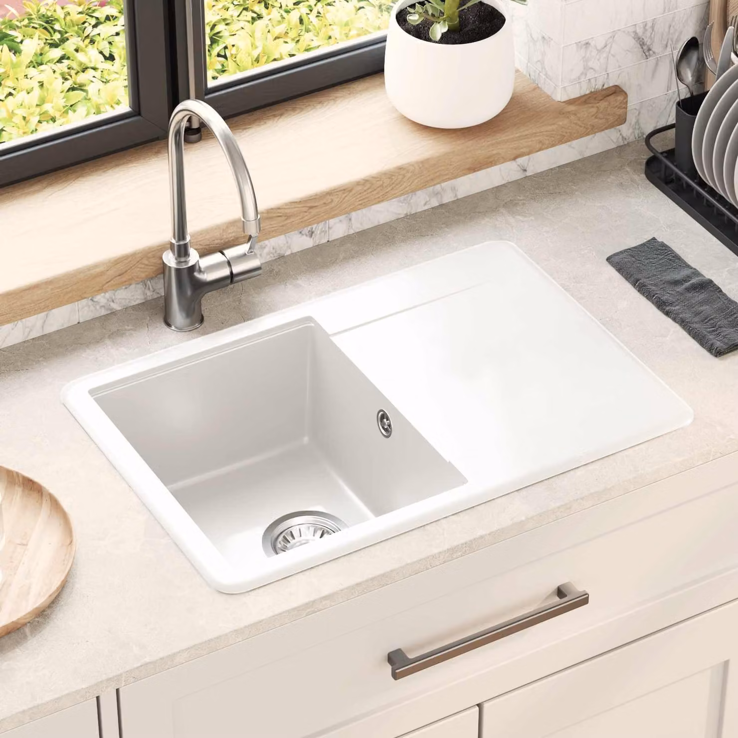 Lavello vidaXL in quarzo e resina bianco L: 67 cm, P: 46 cm, H: 19 cm