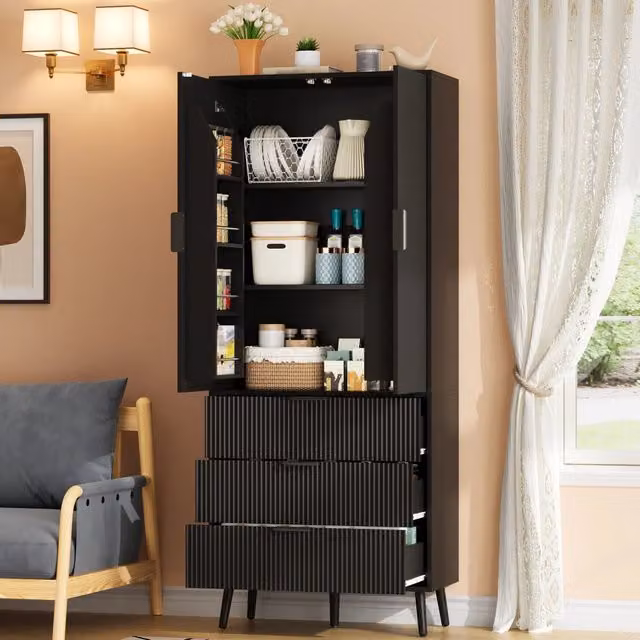 Desviae Dispensa alta con 2 ante 3 cassetti ripiani regolabili in MDF nero per cucina soggiorno 75 × 35 × 180 cm