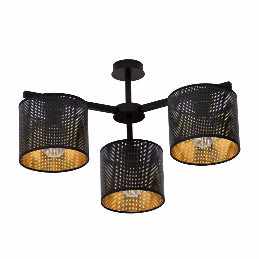 Plafoniera Industrial Luceart-Classic con 3 Luci, Acciaio Nero e Paralumi a Cilindro Oro – 2
