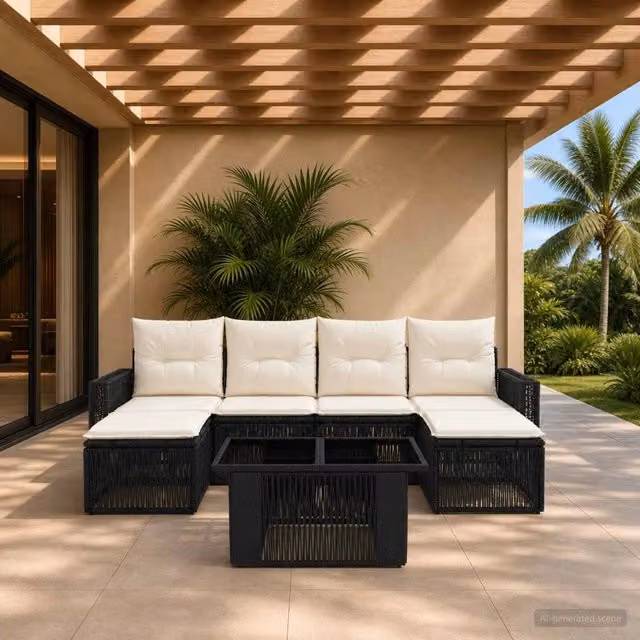 Set Divano da Giardino 7 pz Nero e Bianco Crema polyrattan 3436828