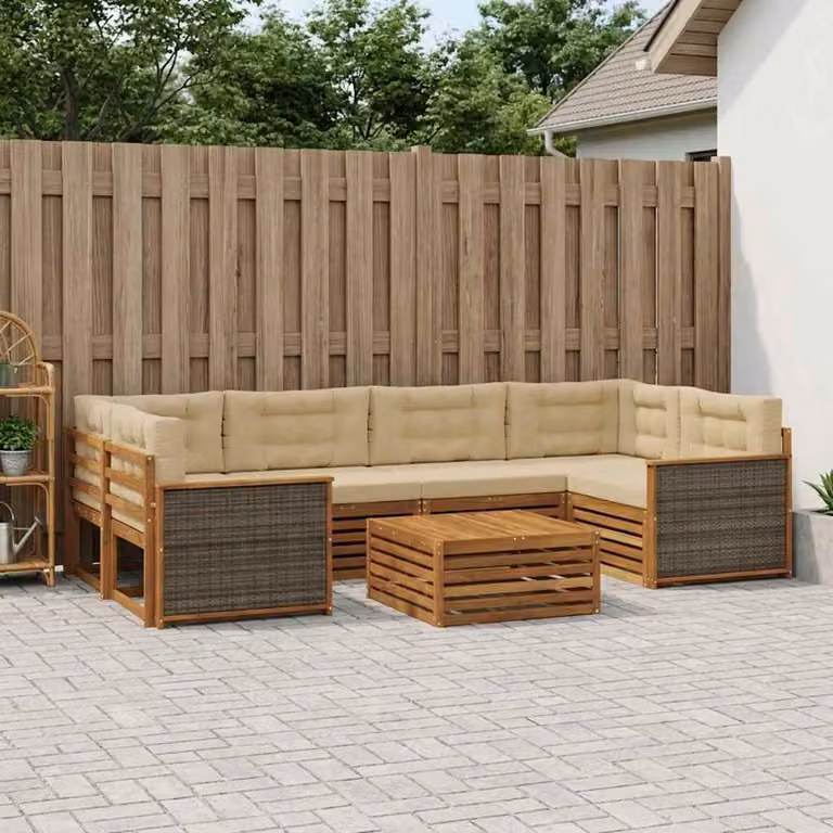 vidaXL Set di divani da esterno a L con tavolino da caffè, 7 pezzi in legno di acacia e tessuto beige e marrone