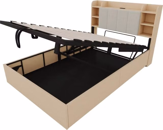 Letto in legno 140x200 cm con contenitore idraulico, testiera con ampi scomparti, porte USB e Tipo-C integrati, colore legno (senza materasso)