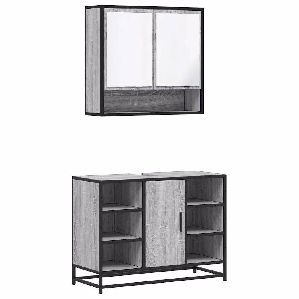 Set Mobili da Bagno 2 Pezzi vidaXL in Stile Industrial Grigio con Mobile Lavabo e Armadietto Specchio in Legno e Metallo – 2