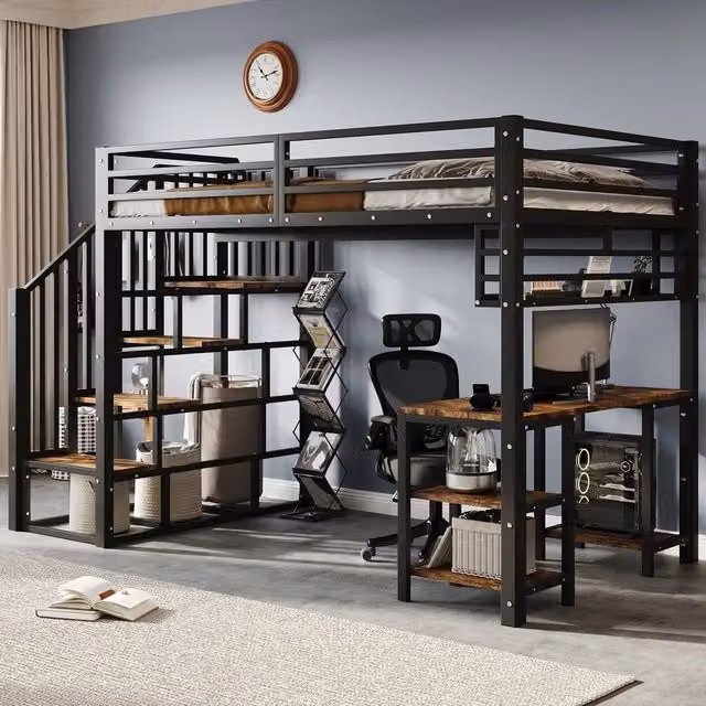 Letto a soppalco con scrivania e scaffale ¨C Minimal ¨C Nero metallo e legno scuro 120x200cm
