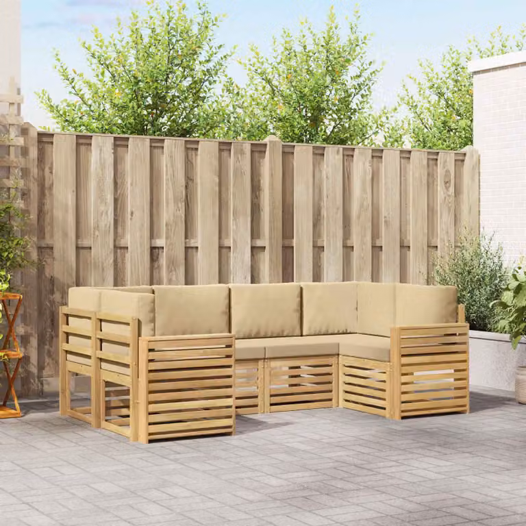 Set di divani da esterno vidaXL a forma di L composto da 6 pezzi in legno di acacia con cuscini bianchi e beige
