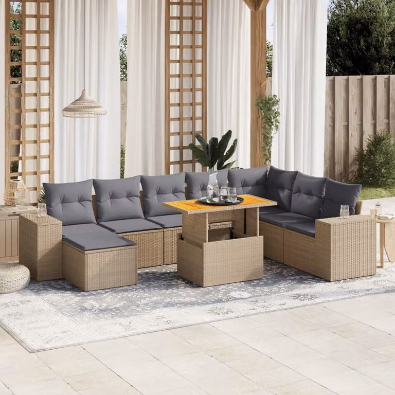 vidaXL Set Divano da Giardino 9 pz a forma di U con Cuscini Beige e Tavolino, Struttura in Legno di Acacia e Metallo con Tessuto Resistente ai Raggi UV