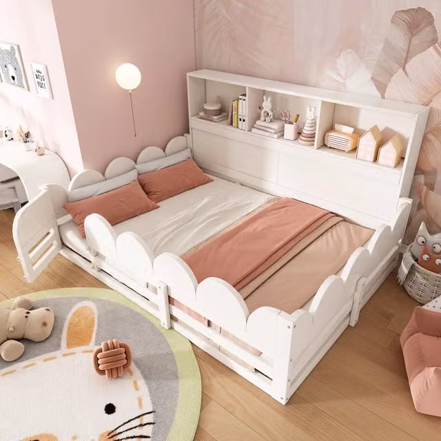 Letto per bambini 140 × 190 cm e 140 × 200 cm con barriera, porta e ripiani, senza materasso, in legno, bianco