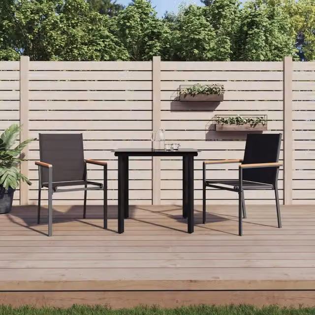 Set da Pranzo da Giardino Moderno vidaXL in Acciaio Verniciato Nero e Vetro con Tavolo Quadrato e 3 Sedie