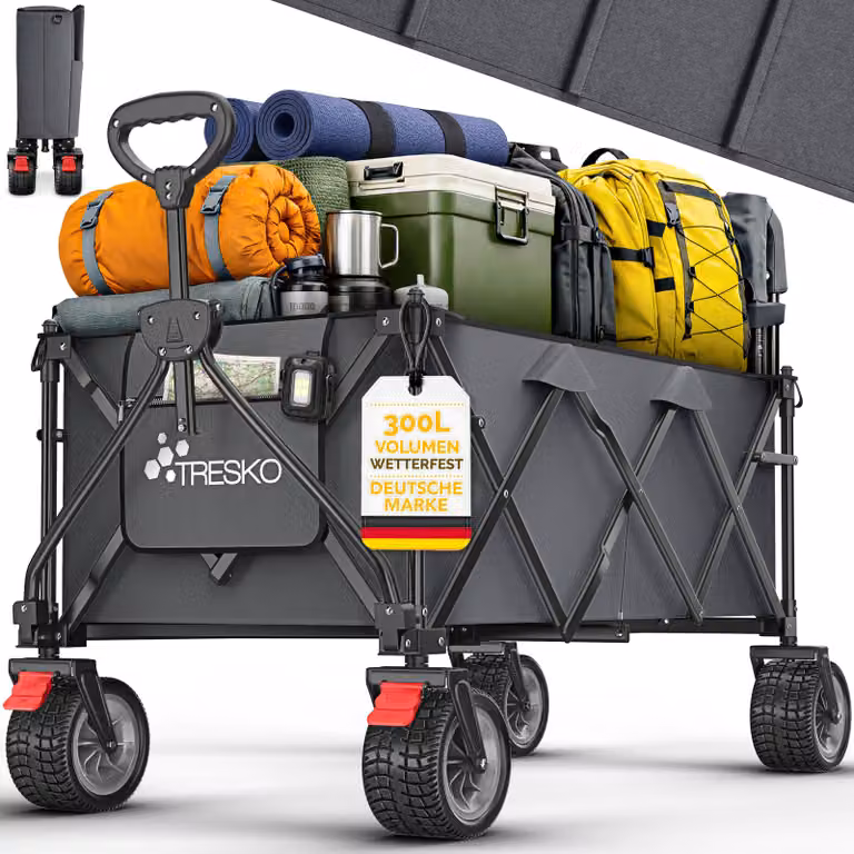 Carrello pieghevole TRESKO® da 300 litri con freno, antracite | Carrello a mano pieghevole con portata 150 kg, ruote in gomma piena incluse | Carrello da spiaggia pieghevole con ruote fuoristrada extra larghe | Carrello da giardino con borsa per il traspo