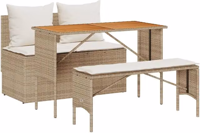 Set da Pranzo da Giardino 3 pz | Set Salotto da Giardino con Cuscini Beige in Polyrattan