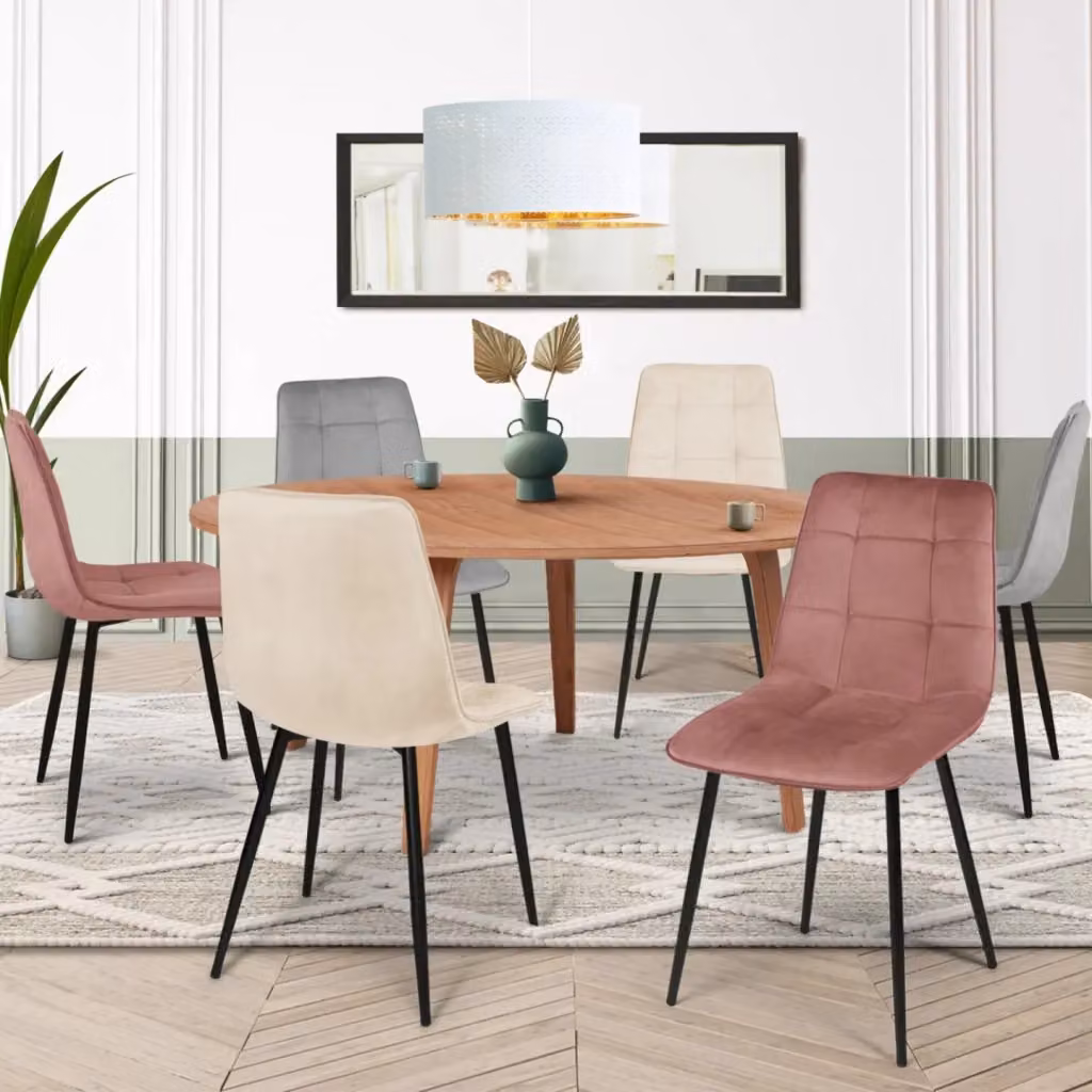 Set di 6 sedie MILA IDMarket in velluto per sala da pranzo e cucina, colori pastello misti: 2 rosa, 2 grigio chiaro e 2 beige – 2