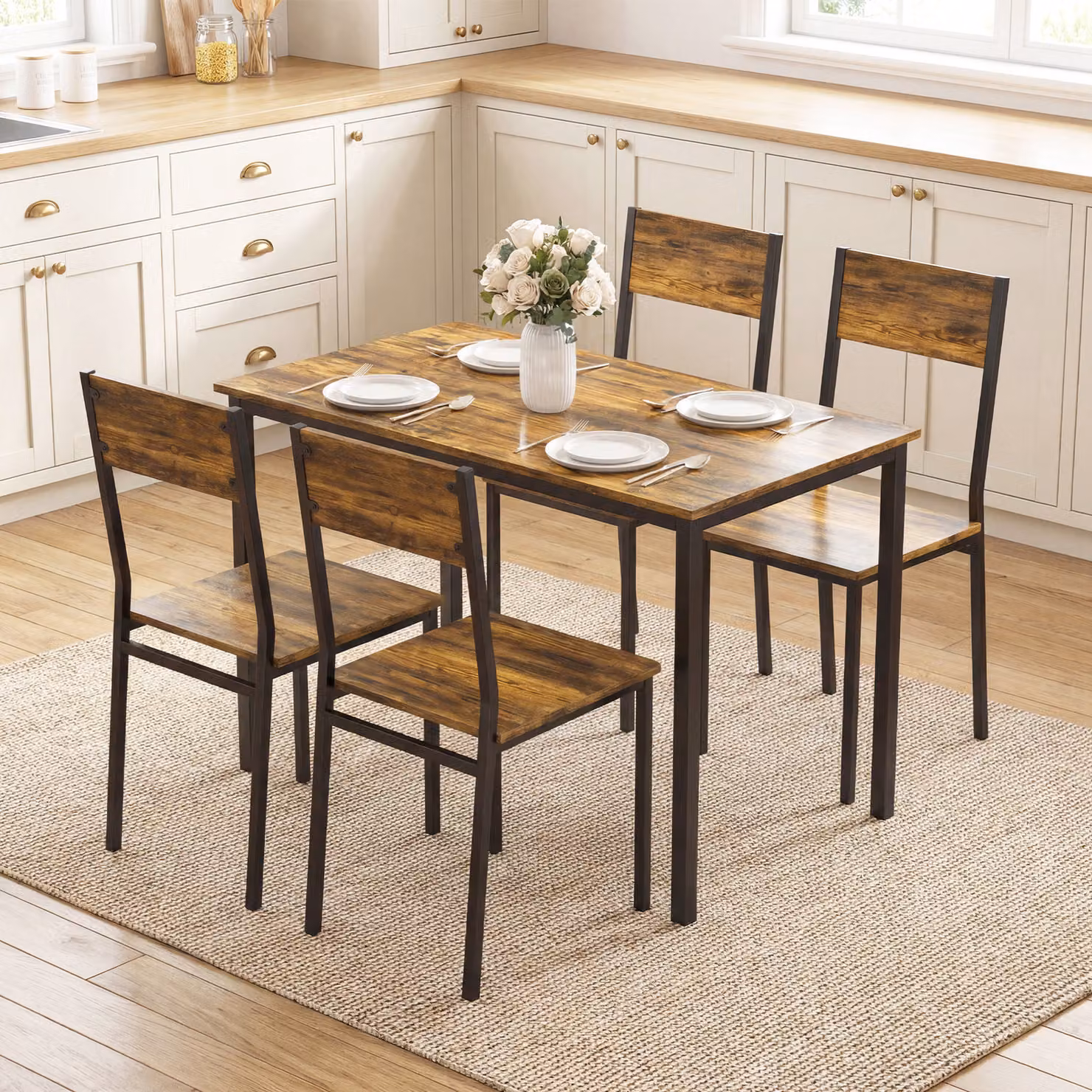 Set tavolo da pranzo e 4 sedie HOMCOM in stile rustico marrone con gambe in metallo e legno per cucina e sala da pranzo – 2