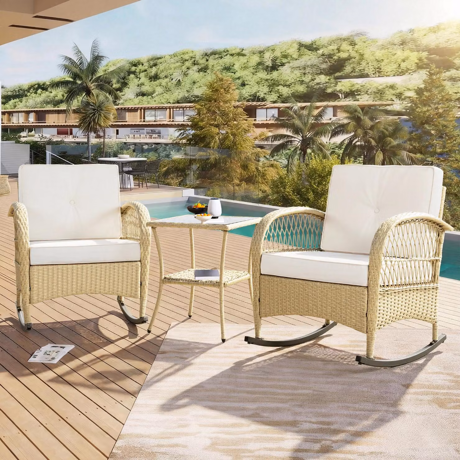 Set da balcone in rattan (3 pezzi), sedia a dondolo da balcone con cuscini beige, portata massima 160 kg