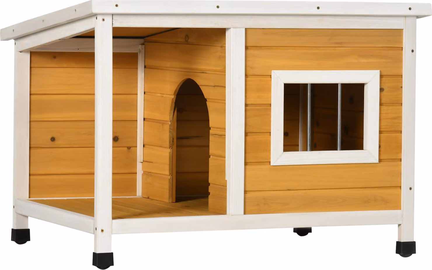 Cuccia per cani con veranda, tetto apribile, finestra, piedini regolabili, legno naturale, arancione, 85,5 x 62 x 60 cm