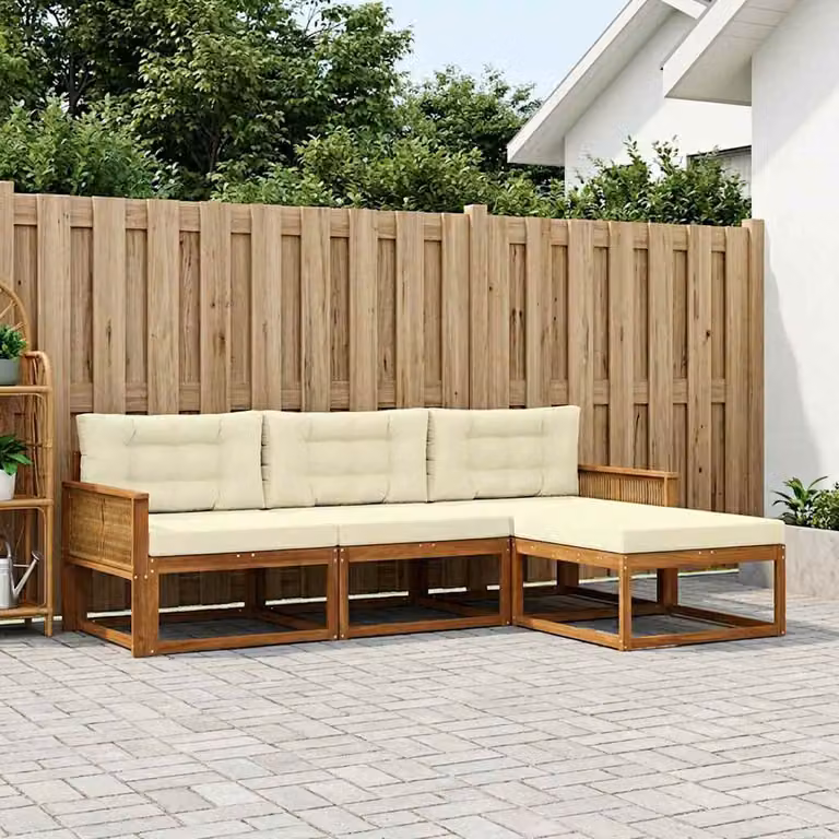 vidaXL Set di divani da esterno a L in legno di acacia con cuscini, marrone e beige