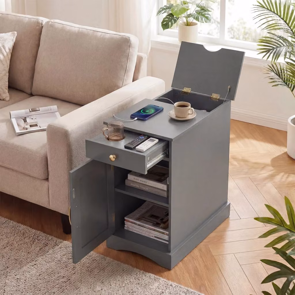 Tavolino da divano moderno con stazione di ricarica e cassetto, ripiano regolabile in legno e metallo, Grigio – 2