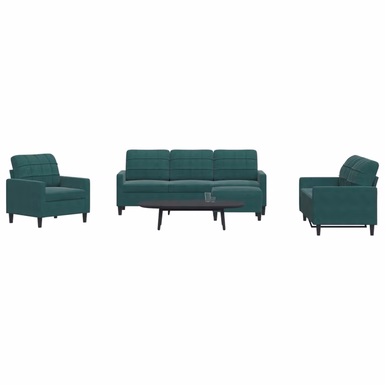Set di divani moderno vidaXL in velluto verde con cuscini, composto da divano a 3 posti, divano a 2 posti e pouf