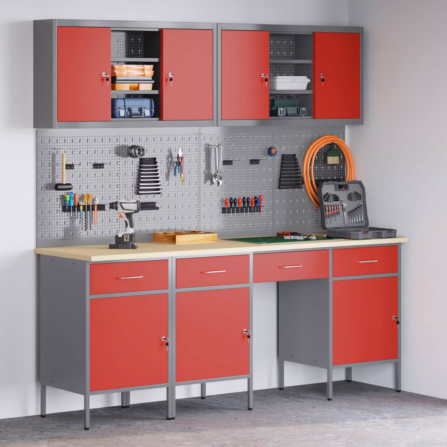 Carrello da lavoro mobile vidaXL con 10 pezzi in legno ingegnerizzato e acciaio, colore rosso
