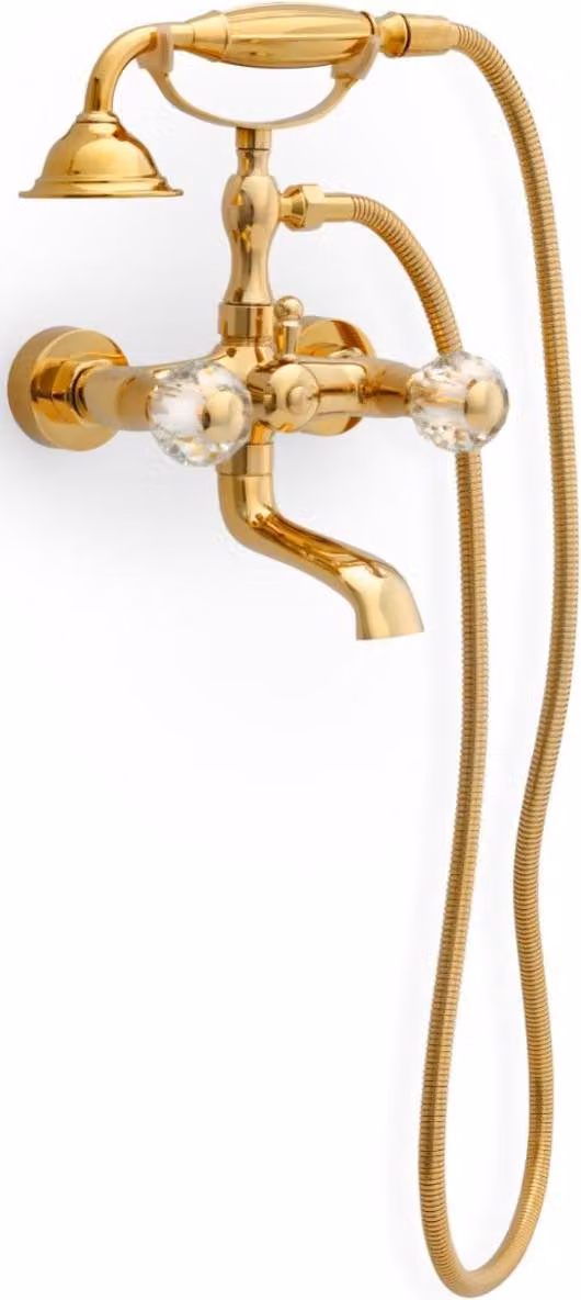 Casa Padrino miscelatore per vasca in stile liberty con tubo flessibile e doccetta oro - Miscelatore per vasca con cristallo - Accessori da bagno nostalgici