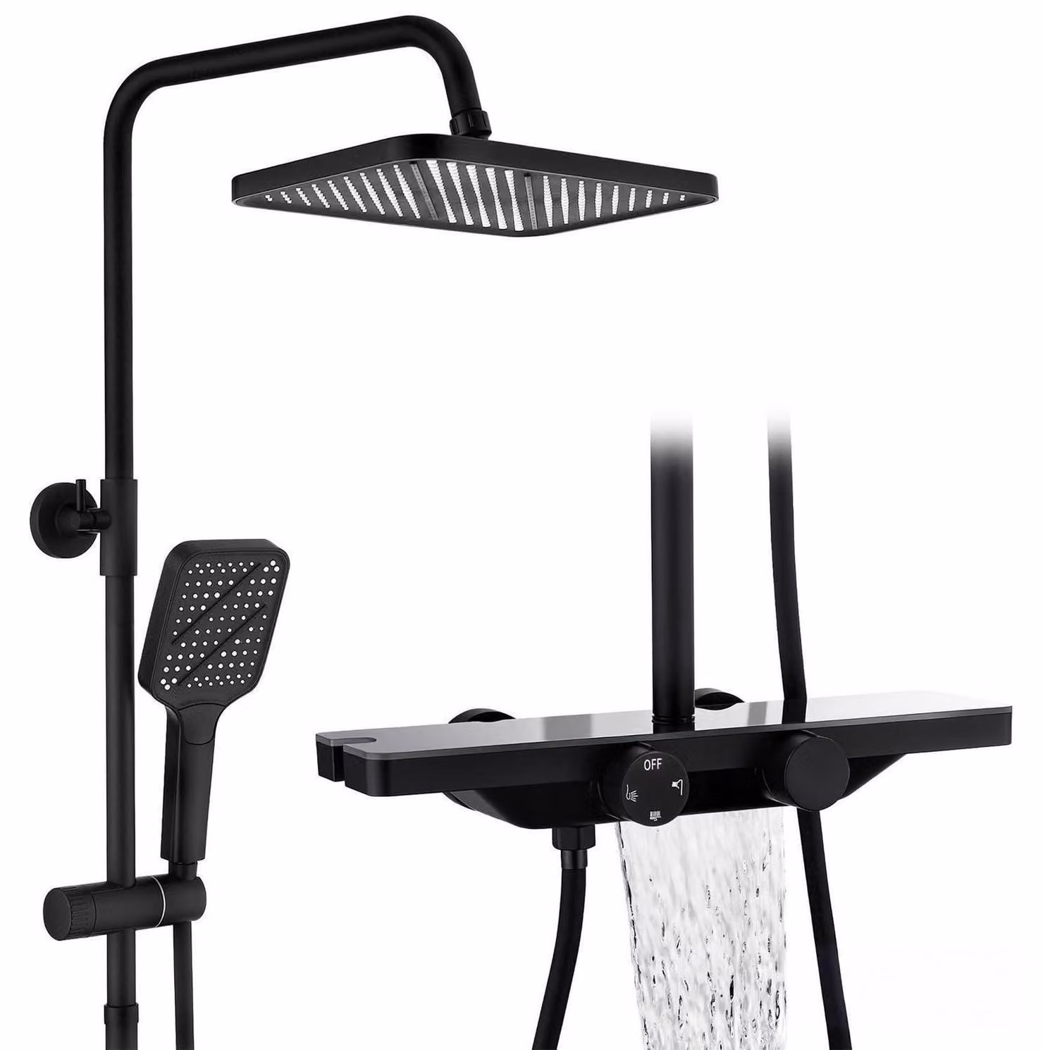 Sistema doccia con termostato, soffione a pioggia e ripiano, colore nero, diametro 30 cm