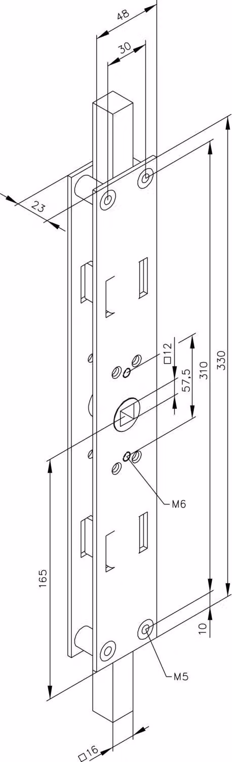 Catenaccio per cancello con posizione centrale, a sinistra, scatola 330 x 48 x 23 mm, zincato
