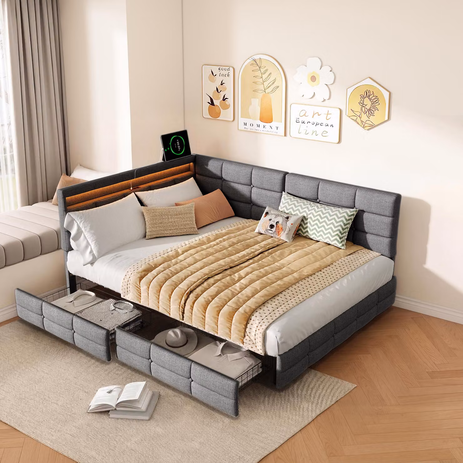 Letto imbottito ProximaX 140x190 cm, tessuto di lino grigio, testiera a L, illuminazione a LED, presa USB, cassetti ai piedi del letto