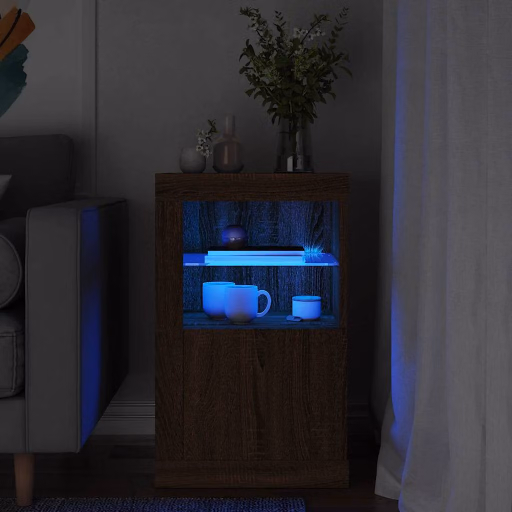 Armadietto moderno vidaXL in legno e vetro con luci LED, colore rovere marrone, L/P/H: 67 x 41 x 37 cm